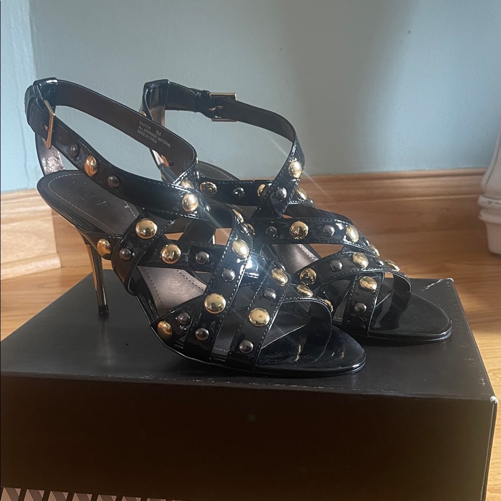 Victor Alfaro Black and Gold Studded Heels